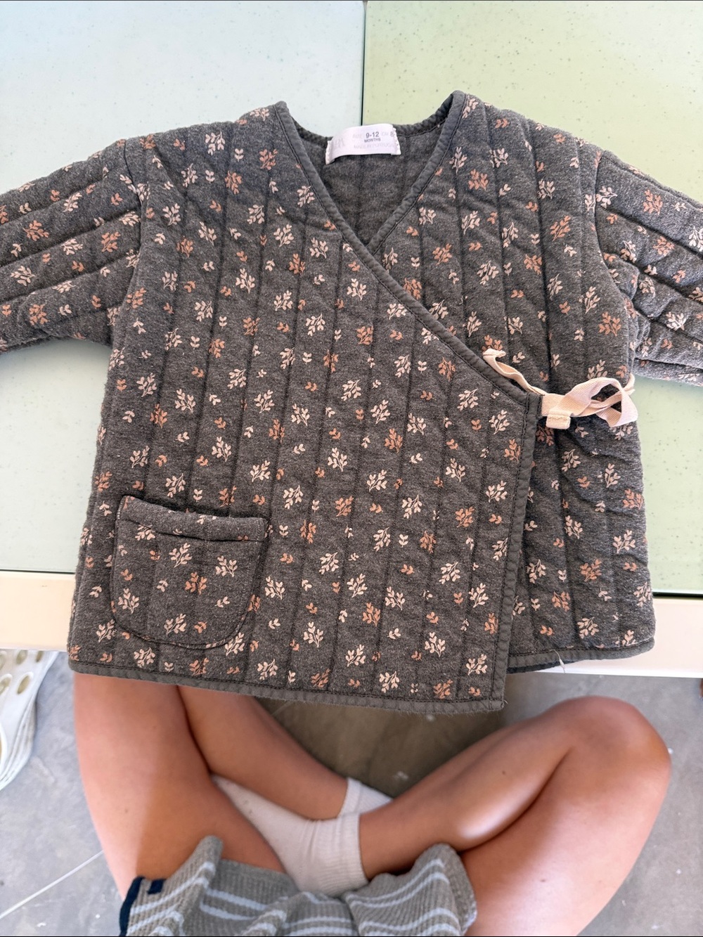 Zara Quilted Floral Wrap Cardigan - Gray with Pink